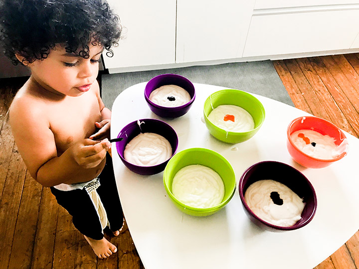 Making different color batter allows your toddler practice counting and introduces the idea of mixing primary colors to make secondary colors.